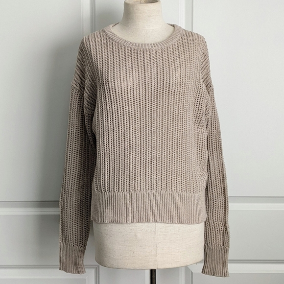 Theory Sweater Open Knit Semi-Sheer Crew Neck Boxy Pullover Oatmeal M NWT - Picture 2 of 11